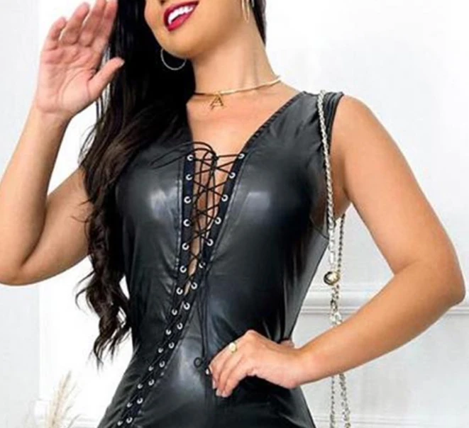 Sexy women's dress 2024 summer short skirt V-neck sleeveless black Pu sexy lace up tight wrap skirt sexy black leather dress