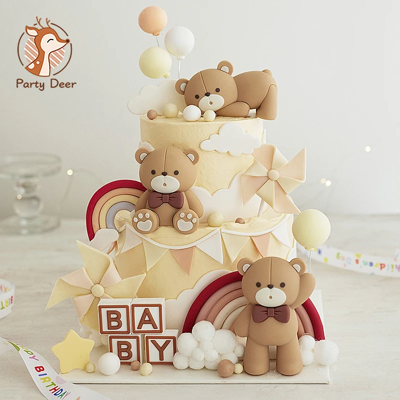 3D Bow Bear Cake Toppers Rainbow Balls Cute Teddy Bear Cake Topper for 1st Birthday Baby Shower Cupcake Cake Decoration Gifts