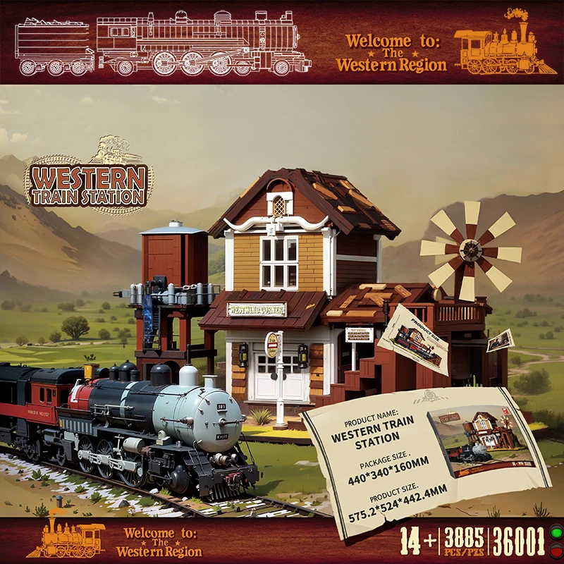 3885PCS Western Train Station Building Blocks Model Toys MOC Street View Assembly Bricks Desktop Decoration DIY Toys For Gifts