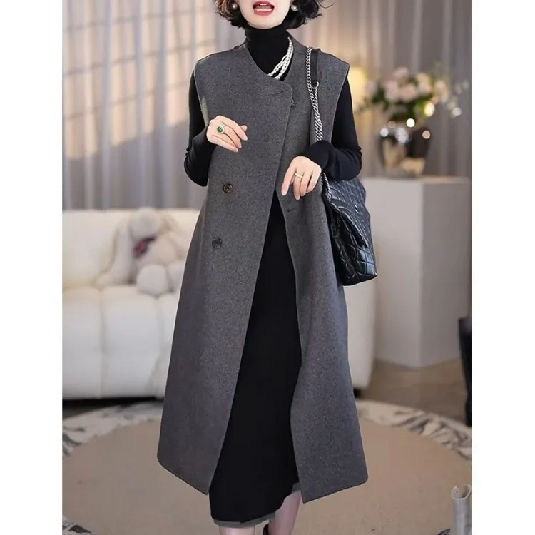 

Женский шерстяной жилет средней длины, пальто высокого класса, элегантный круглый воротник, асимметрия, свободные серые жилетные топы, корейский модный осенне-зимний без пояса