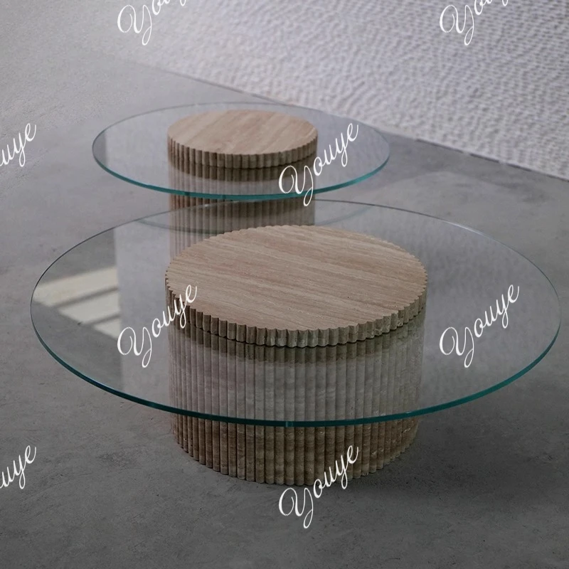 Natural marble coffee table modern minimalist high-end living room travertine glass round coffee table combination