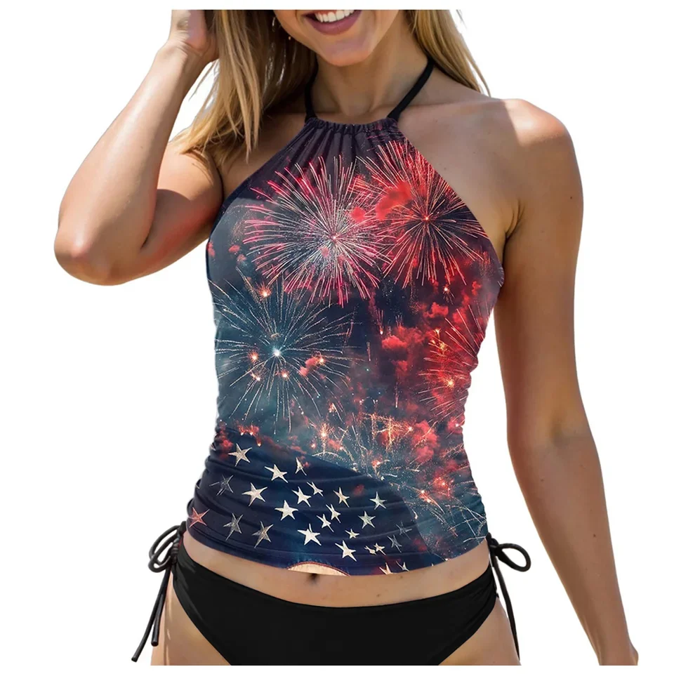 Women's Neck Tankini Top With Fourth Of July And Flag Prints Tankini Swimsuits For Women Two Piece Bathing Suits Bikini Swim