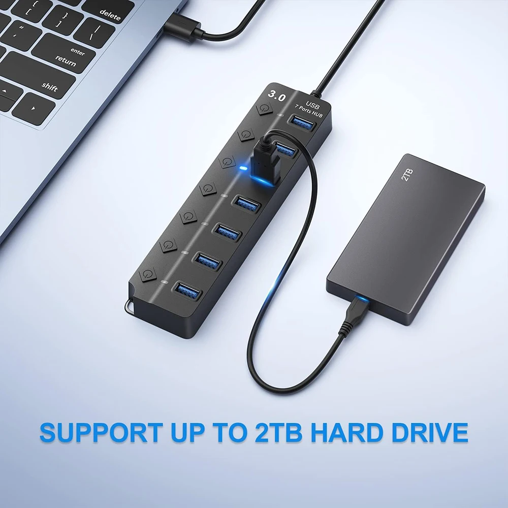 USB 3.0 Hub divisor com ligar e desligar interruptor, várias portas expansor, LED indicador 2.0, 30cm 120 centímetros de cabo, 4 7 Port Hub, 3 0