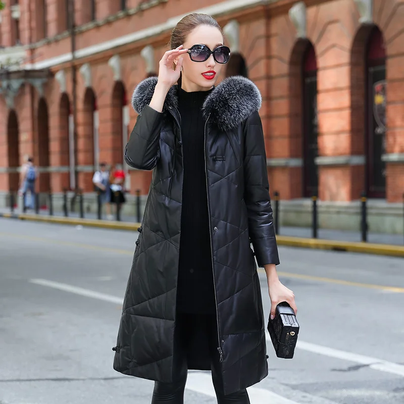 Chaqueta de piel auténtica para Mujer, con capucha Abrigo de piel de oveja, chaquetas cálidas de Invierno para Mujer, Abrigo con cuello de piel de zorro de visón Real