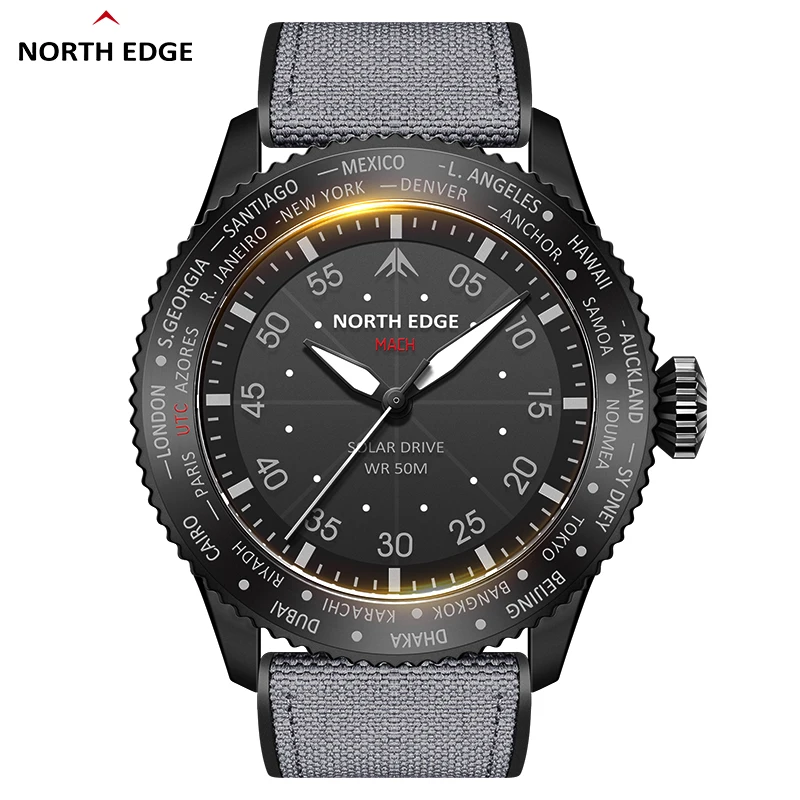 2026 NORTH EDGE MACH Solar Power Quartz Watch Men Waterproof 50M Men's Pilot Sports Wristwatches Luminous Enviormentally Clock