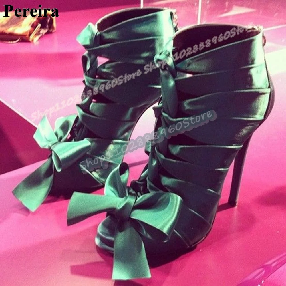 

Luxury Green Satin Strappy Bowknot Sandals Stilettos High Heel Shoes For Women Back Zipper Peep Toe Fashionable Banquet Sandals