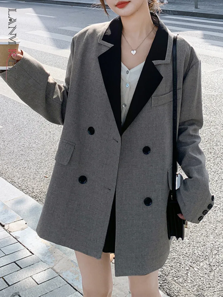 LANMREM Korean Style Design Contrast Color Notched Collar Long Sleeves Double Breasted Female Fashion Coat 2024 Autumn 2DA8380