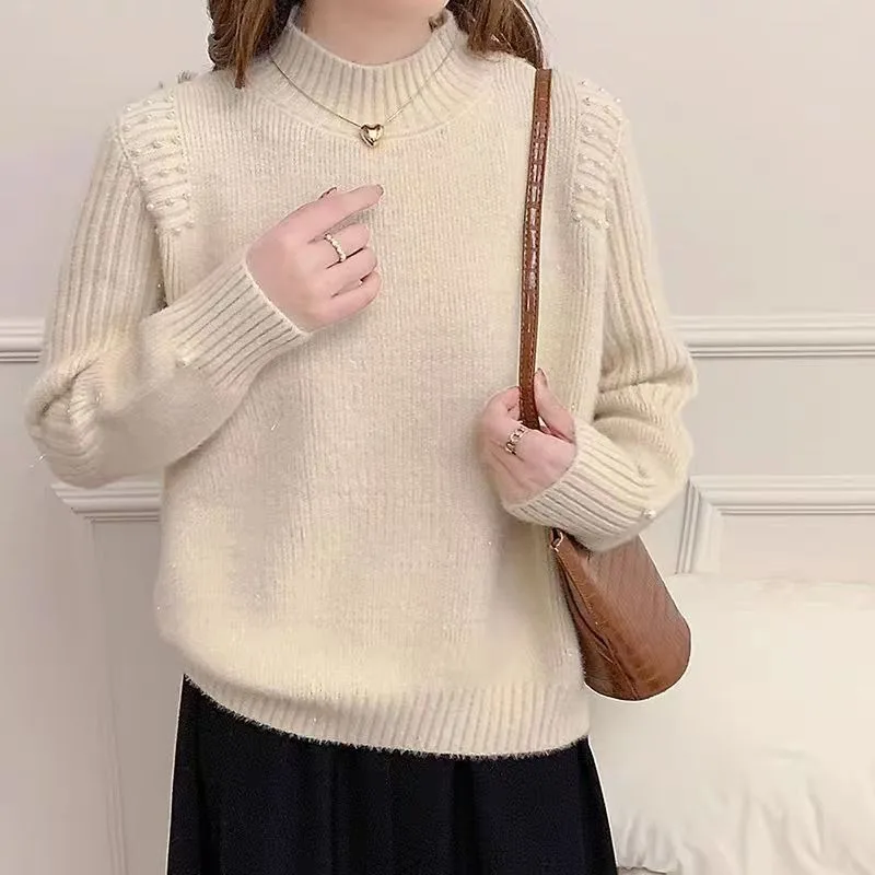 

Imitation Mink Velvet Sweater Half Turtleneck Autumn and Winter Beaded Loose Style Knitted Sweater Fashionable Bottoming Top