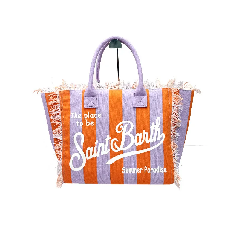 Bolsa listrada vertical laranja e roxa, bolsa feminina de grande capacidade lona Tassel Design, bolsa com zíper, nova