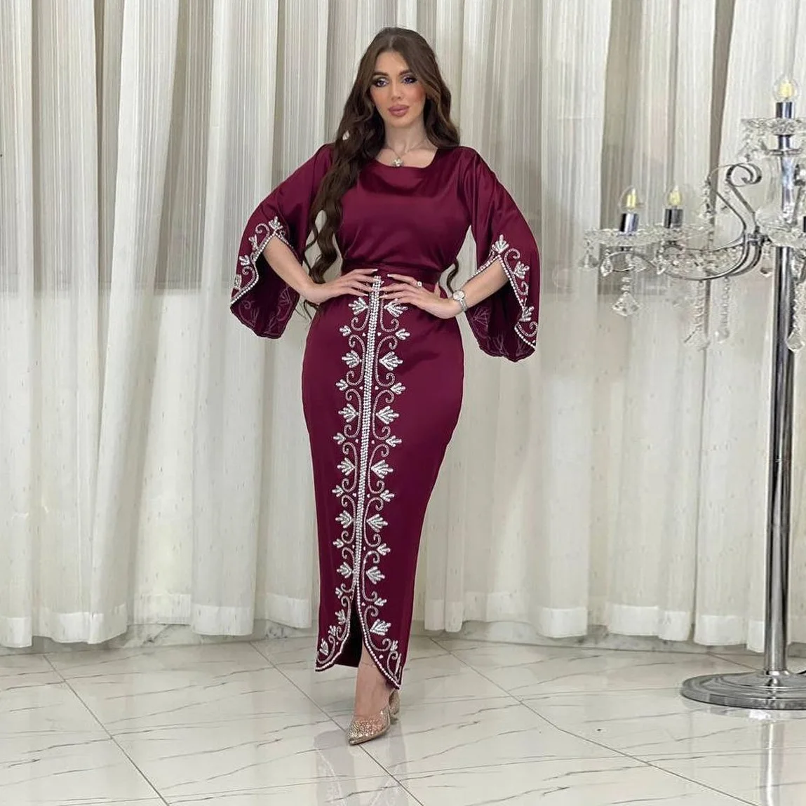 Elegant Satin Evening Gown Muslim Dress Women Abaya Long Sleeve Turkish Dresses Stylish Diamond Women Maxi Dress Dubai Kaftan