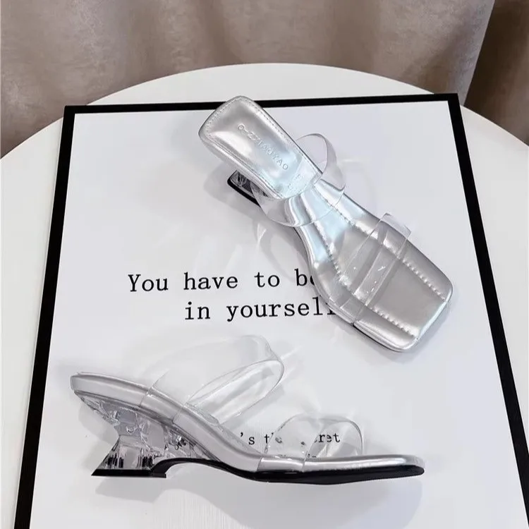 Internet-famous Stylish Slope Transparent Flat Square-toe French-style Summer 2026 New Anti-slip Slippers