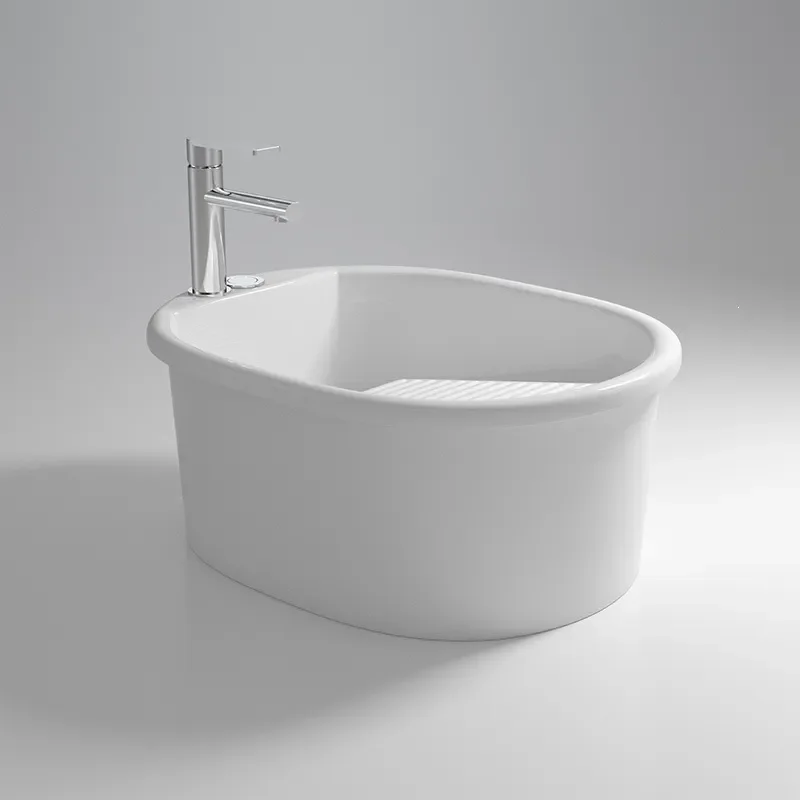2026 Chinese Style Ceramic Integrated Laundry Basin with Washboard Easy to Clean Floor Standing Bathroom Sink Made in