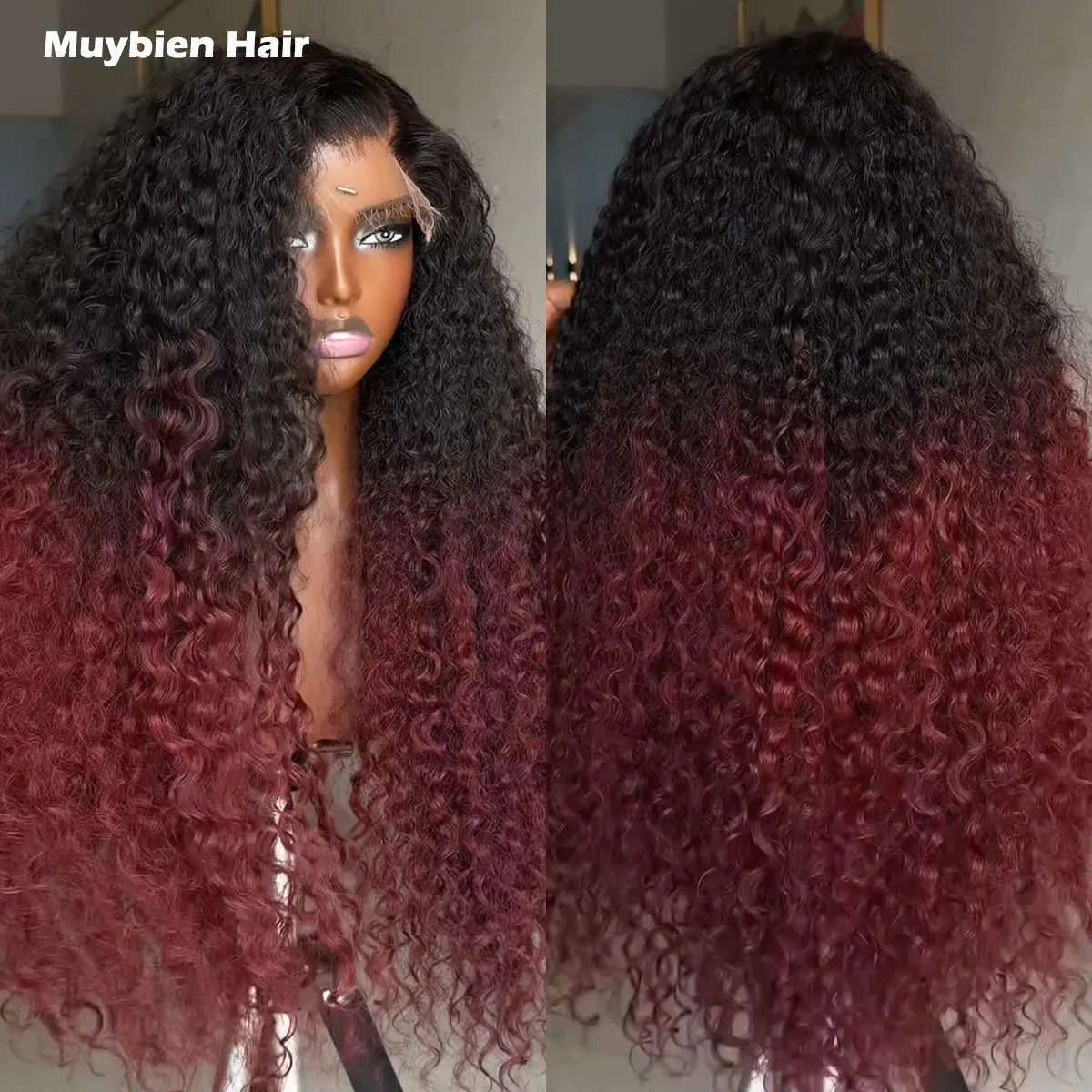 

Human Hair Ombre Burgundy Water Wave Wig 300 Density 13x4 13x6 Lace Front Wigs for Woman T1b/99j Wave Glueless Wig Ready to Wear