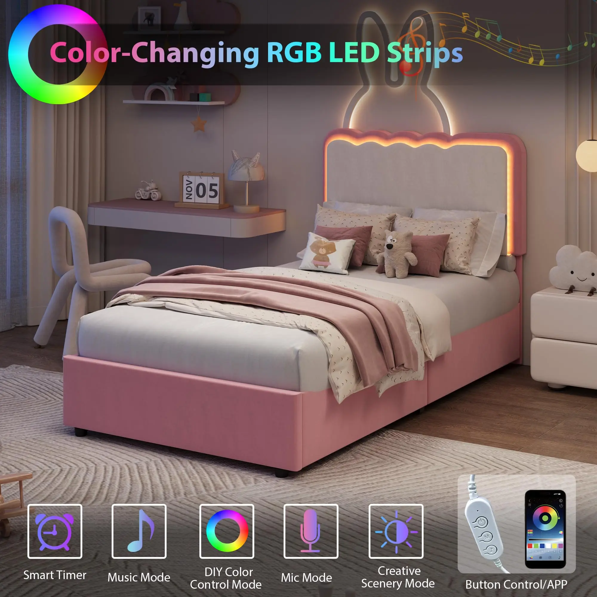 GarveeLife Modern Princess Upholstered Platform Bed Frame with LED Lights – 2 Storage Drawers, Double Wave Velvet Headboard, Sturdy Metal & Wood Support, No Box Spring Needed, Easy Assembly – Ideal for Kids, Teens, Girls & Boys, Queen Size