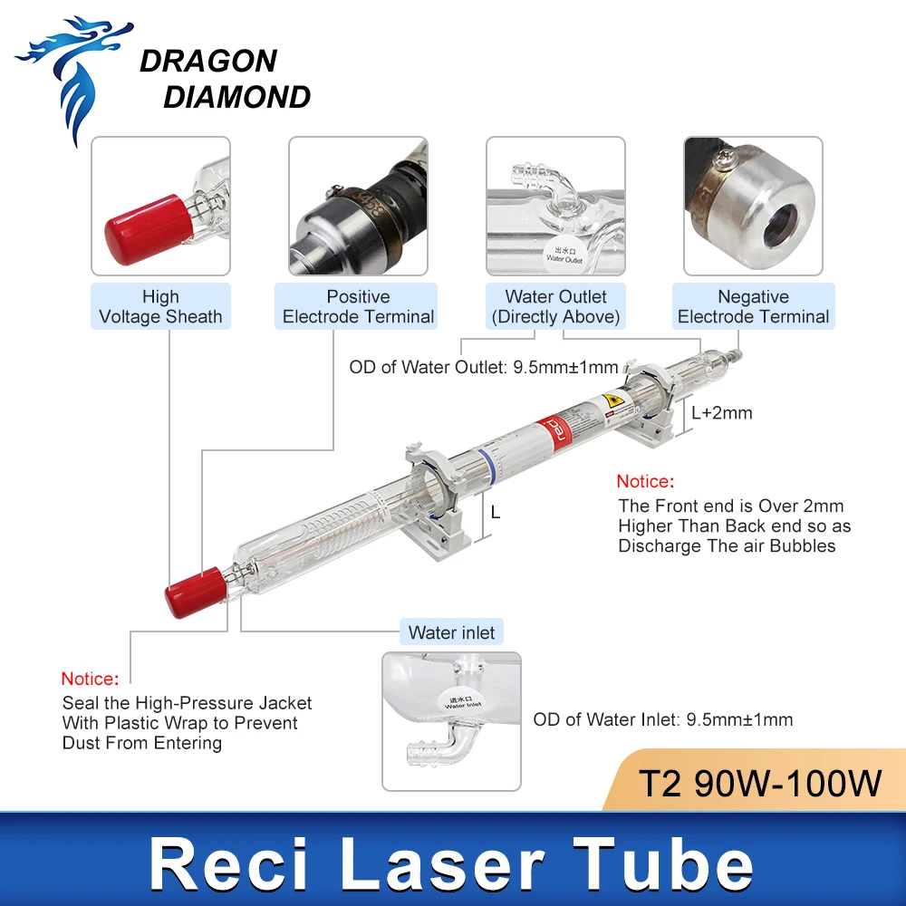 Original Reci T2 90W 100W Co2 Glass Laser Tube Dia.65mm Length 1250mm For Laser Engraving Cutting Machine Wooden Box