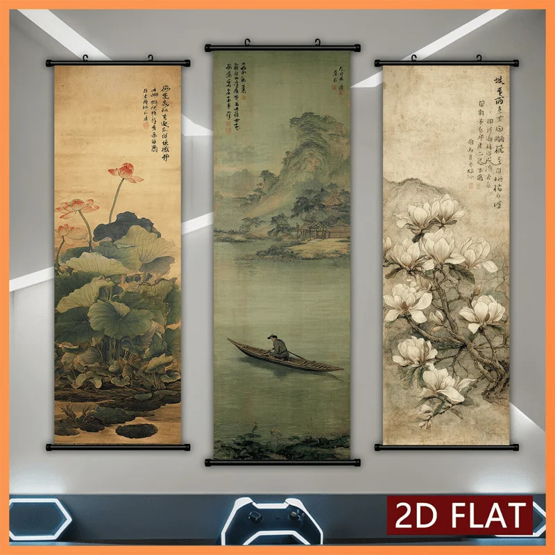 VIKAMA Vintage Ink Wash Lotus Landscape Triptych Wall Scroll Poster Oriental Canvas Art Print Hanging Painting Decor