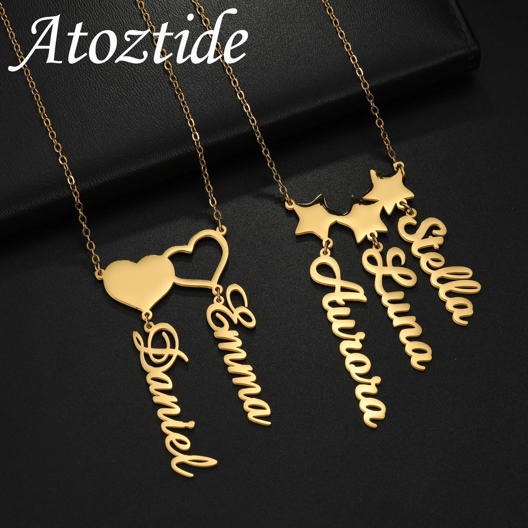 

Atoztide Custom Multiple Names Heart Star Necklace for Women Stainless Steel Jewelry Choker Chain Personalized Kids Family Gift