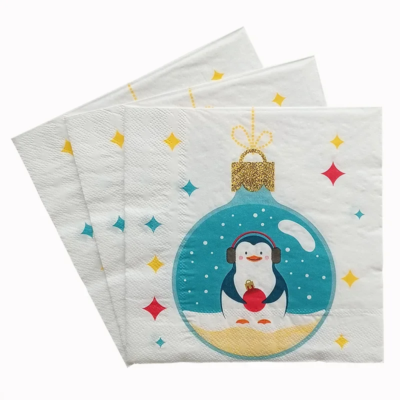 20pcs/Pac 33cm 2-Ply Penguin Light Bulb Christmas Elements Printed Napkins Christmas Party Disposable Paper Placemats