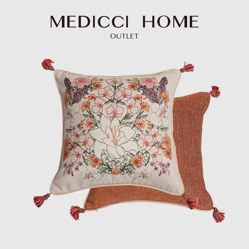 Medicci Home CD Style Inspired Botanical Bouquet Decorative Throw Pillowcase Natural Sense Style Luxe Cushion Cover With Tassels