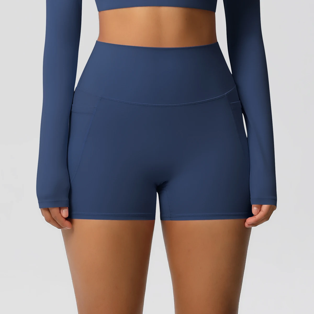 Einfarbige Yogahose mit Taschen, schnell trocknend, hohe Taille, für Fitnessstudio, Push-Up-Yoga-Shorts für Damen, atmungsaktiv, Workout, Fitness, kurz – Detail 15