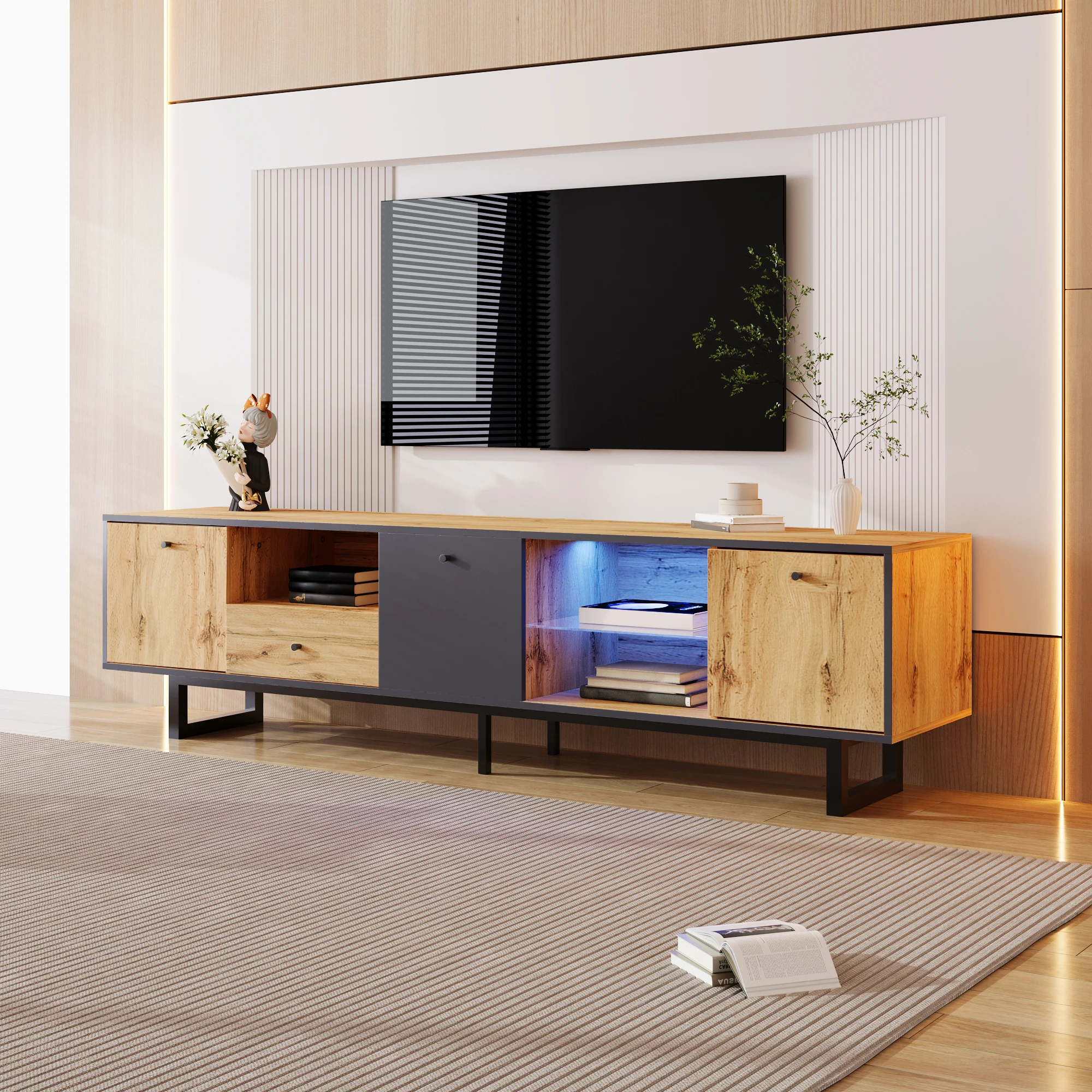 Meuble TV LED avec range MENT 3 portes 1 tiroir-verre fermeture douce, Bois-naturel 190 × 40 × 50 cm