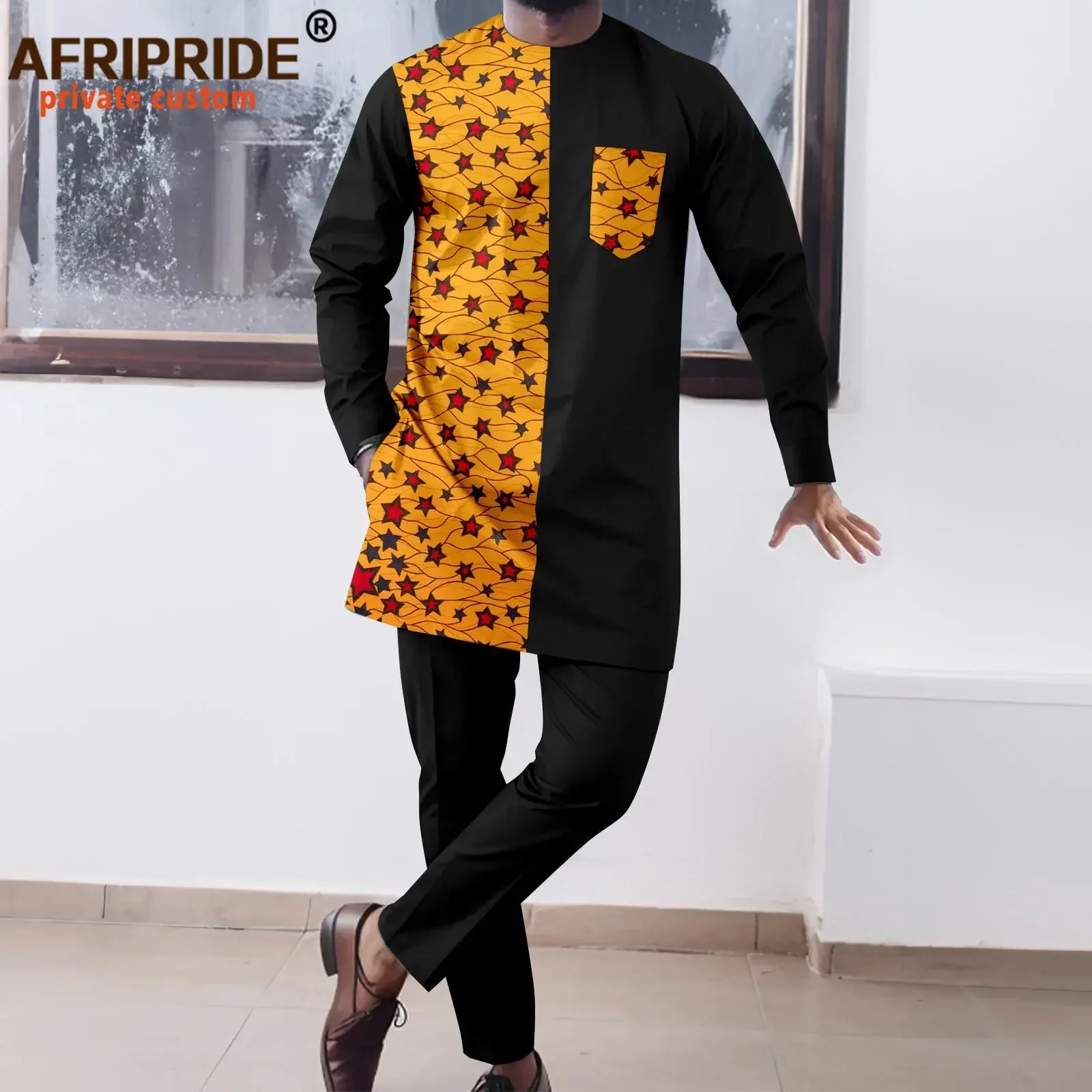 Men`s 2 Piece Set African Dashiki Print Coats Jacket and Ankara Pants Traditional Wear Pockets Tracksuit Ttibal Outfits A2316100