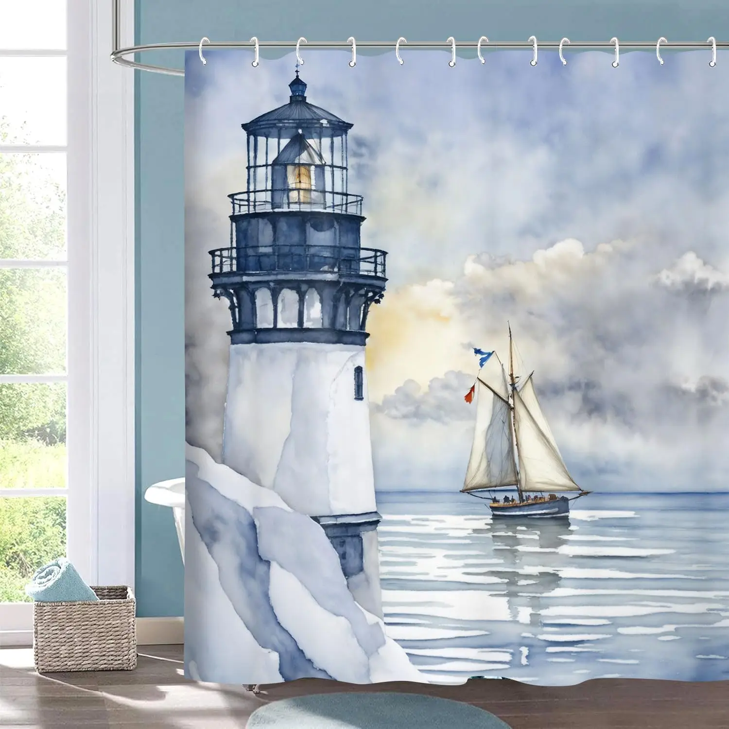 Watercolor Lighthouse Coastal Sea Scene Shower Curtain Waterproof Nautical Bathroom Decor 72x72 Inches Large