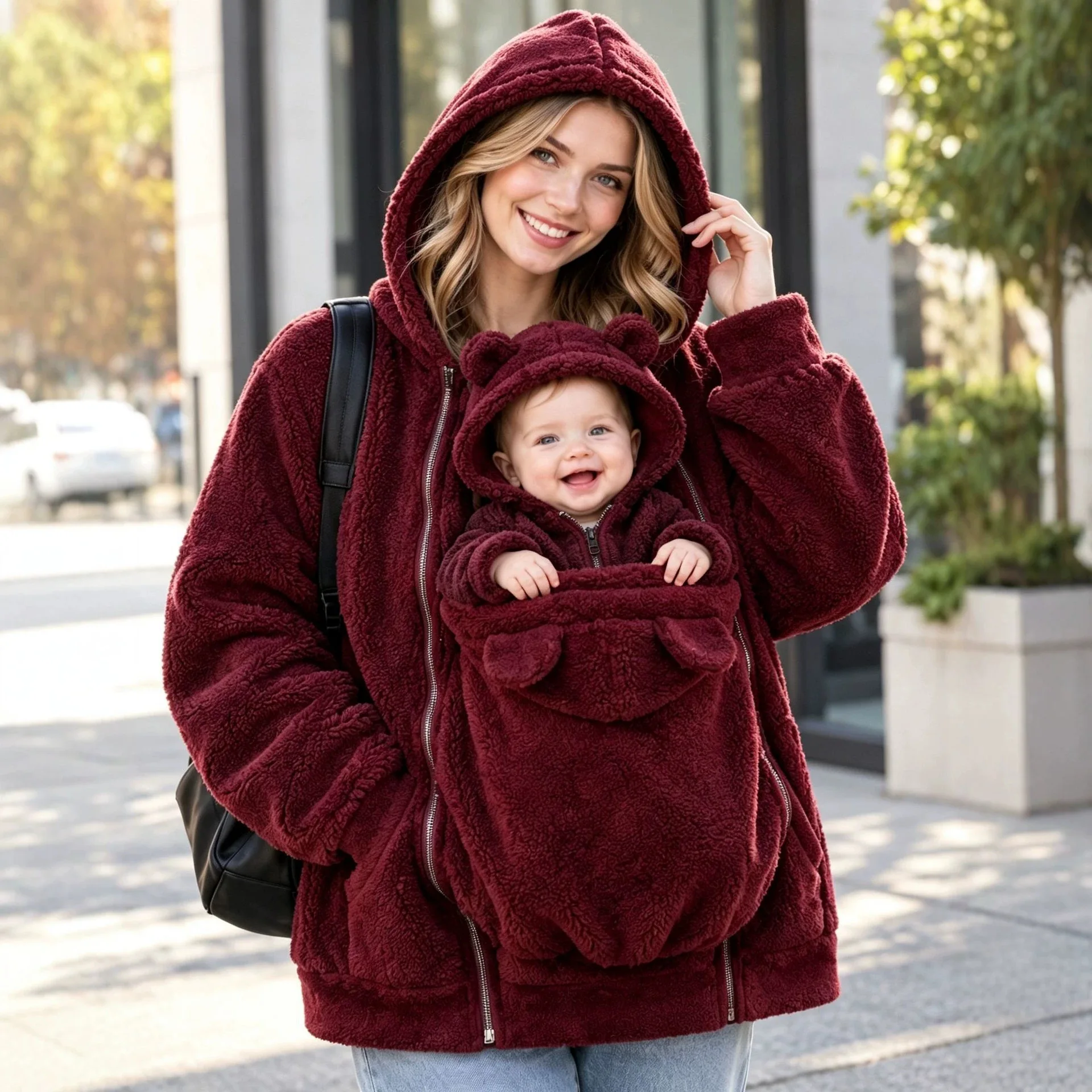 2026 New Women Autumn Winter Hooded Fleece Jacket Solid Color Zip Up Coat with Kangaroo Pocket Outfit Parent-child Outerwear
