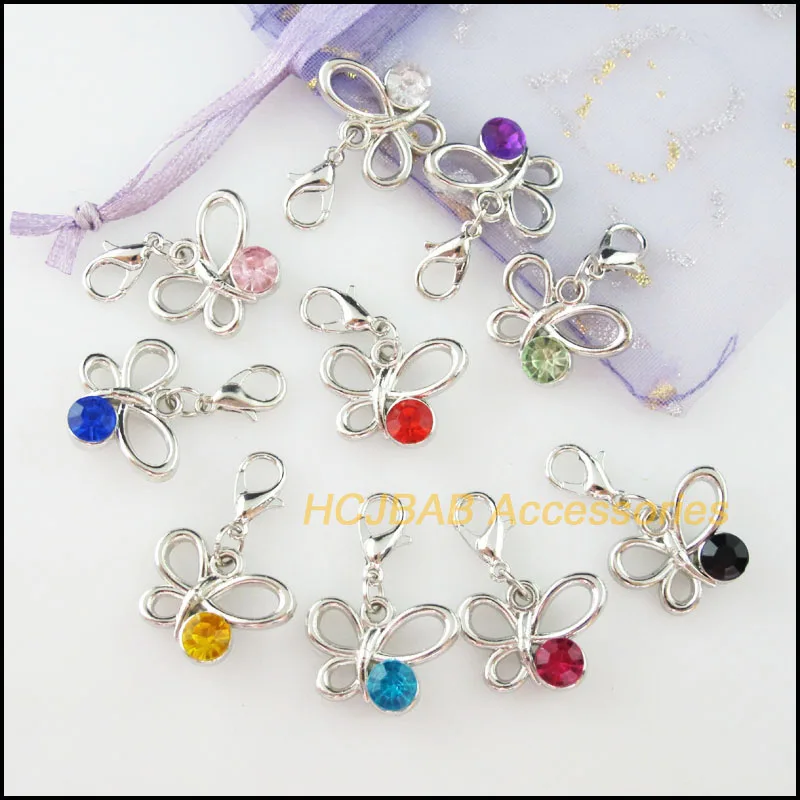 20Pcs New Dull Silver Plated Mixed Crystal Animal Butterfly Star Hear Crown Charms With Lobster Claw Clasps V149