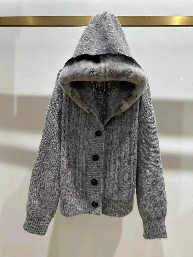 New Arrival Women Autumn Real Rex Rabbit Fur Collar Hoodie Loose Sweater Girl's Grey Hooded Knitted Sweater Jacket Coat