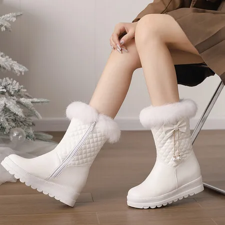 Fashion Women Snow Boots 2024 New Faux Fur Winter Boots Height Lncreasing Platform Thick Plush Warm Zip Winter Shoes White Pink