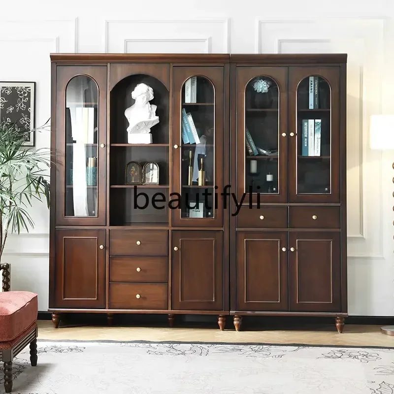 

American solid wood bookcase with glass door, all solid wood study bookcase and locker integrated