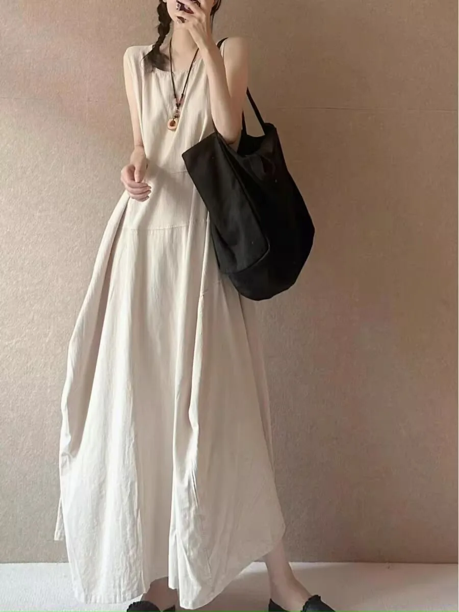 Verão novo algodão linho longo preto colete vestido em torno do pescoço emenda solto emagrecimento artístico flor casual vestidos longos n811