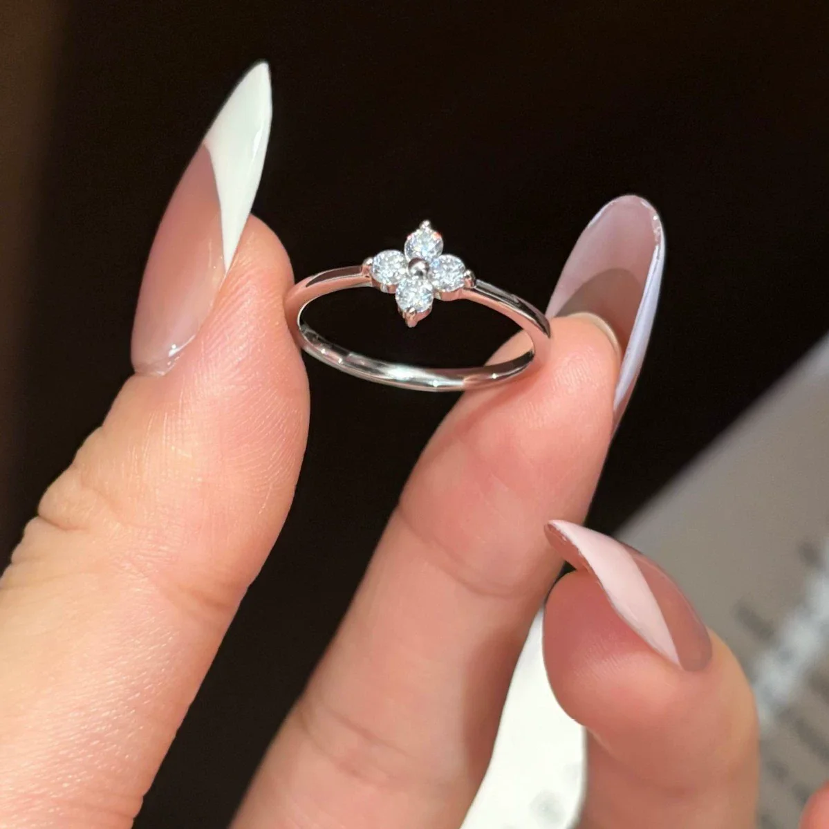 S925 Silver Four Leaf Clover Moissanite Ring for Women, Fixed Size Fine Jewelry Gift