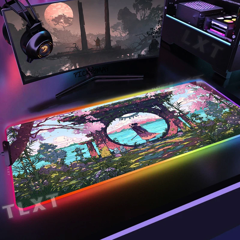 Japanese Art Large RGB Mouse Pad Gaming Mousepads LED Mouse Mat Gamer Desk Mats Rubber Table Rug With Backlit Torii Desk Pads
