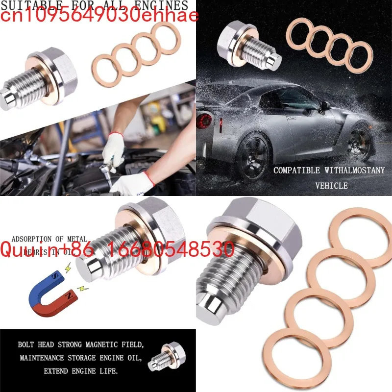 8j M14x1.5 Magnetic Oil Drain Plug, Magnetic Stainless Steel Oil Pan Drain Nut Bolt with 5PCS Copper Crush Washer  Leakage