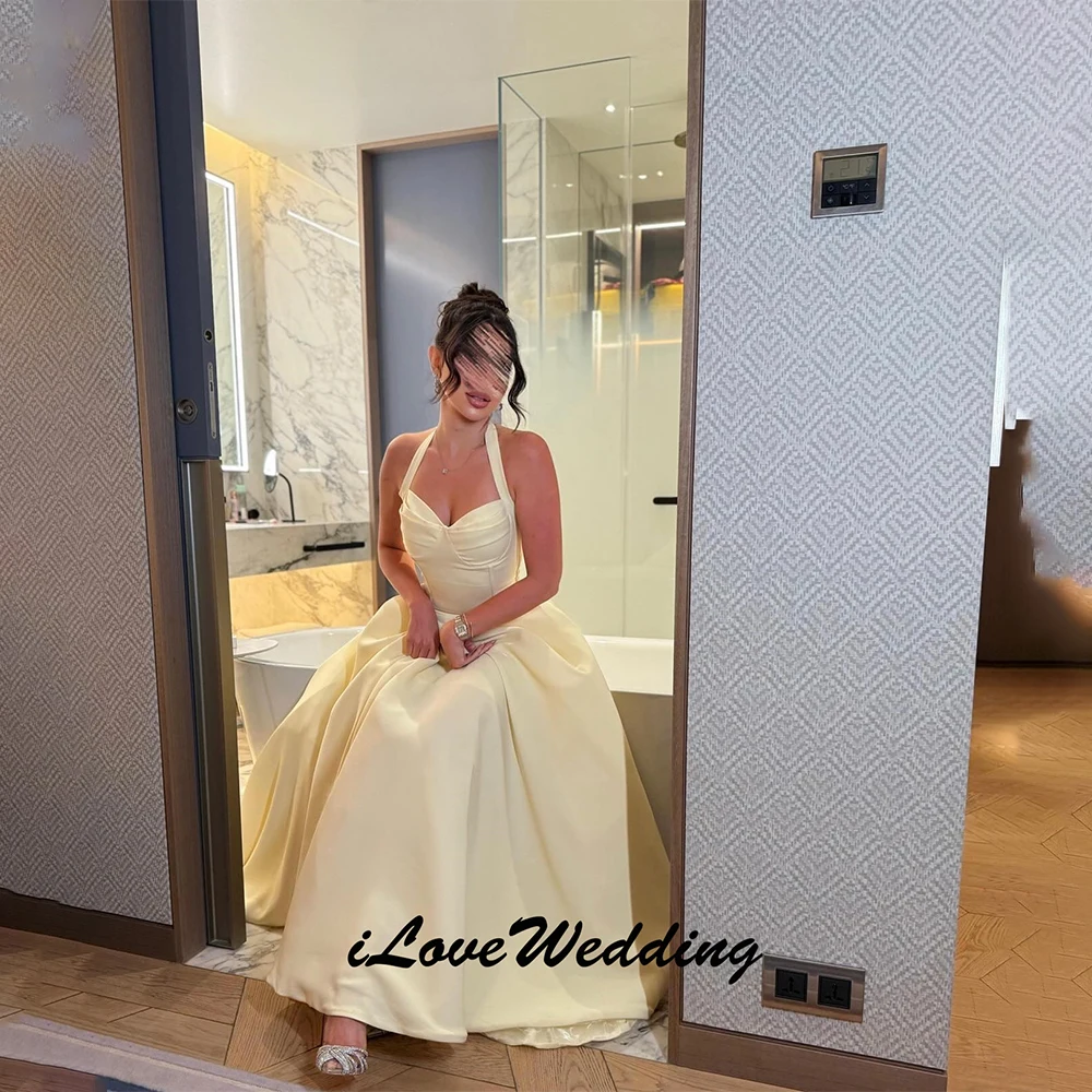 

Простое желтое вечернее платье с лямкой на шее, трапециевидной формы длиной до пола, привлекательное атласное вечернее платье для торжественных случаев, 2025 по индивидуальному заказу