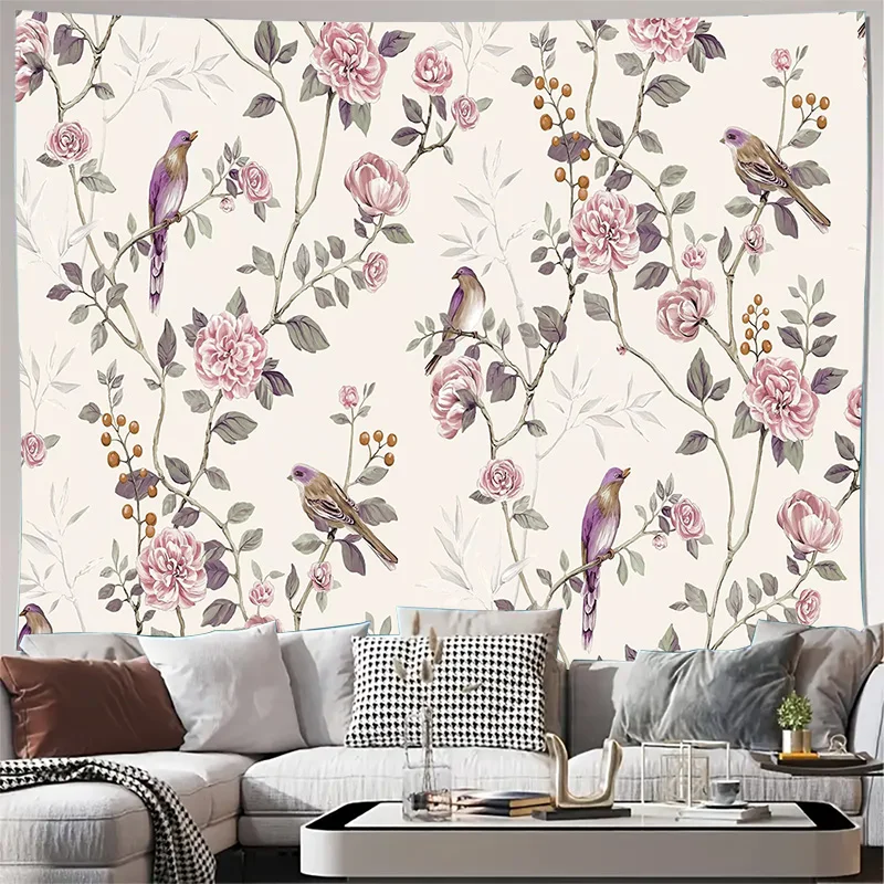 Floral Birds Pattern Wall Tapestry Machine Washable All Season Decor Art Print Nature Botanical Design Home Elevate Your Space