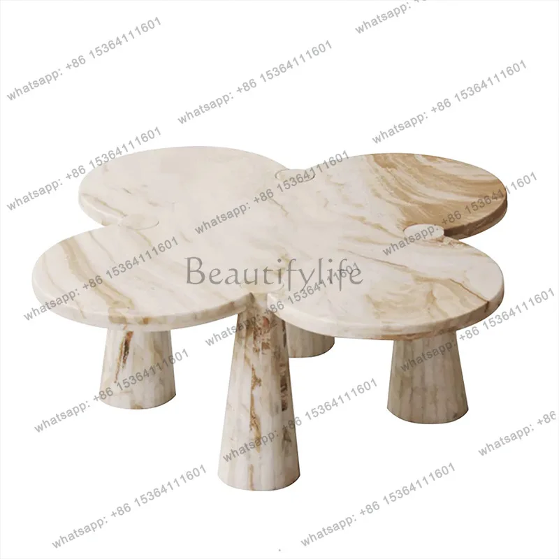 YJ Low-Height Marble Coffee Table 40cm, Carrara Round Flower Living Room Table, Hand-Polished Modern Center Table For Small Sp