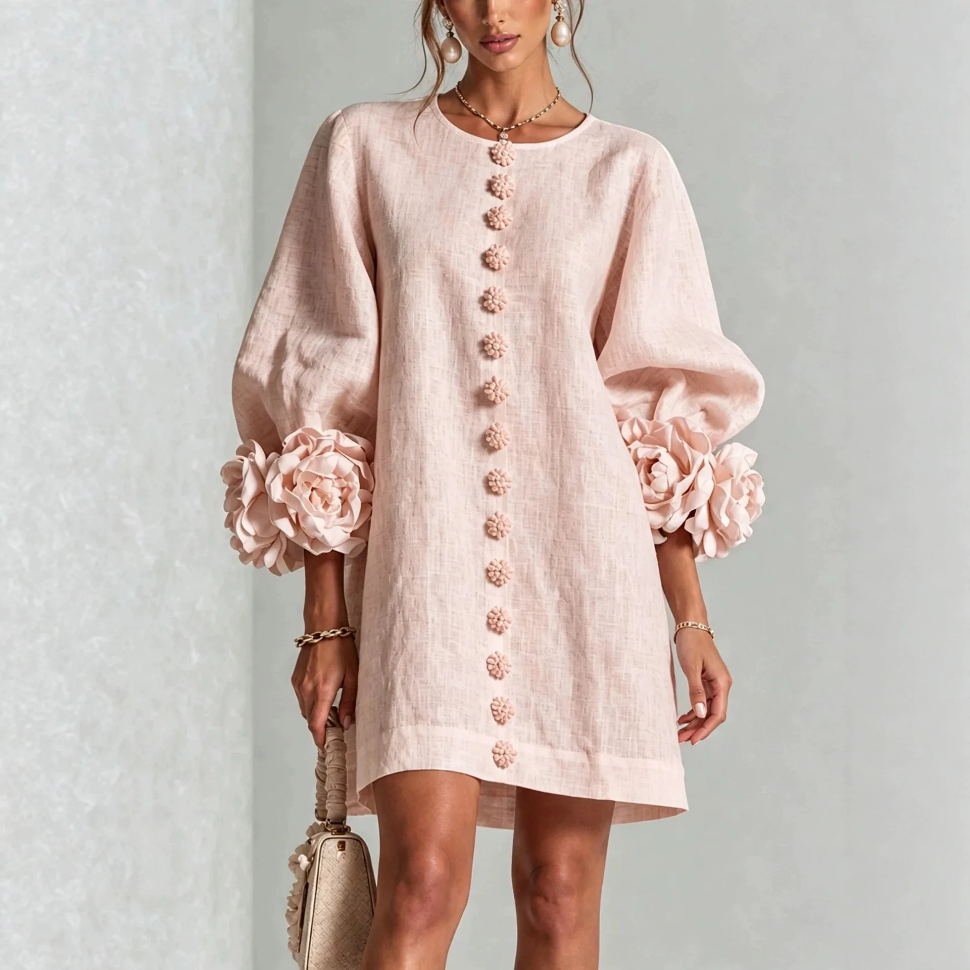 Women Linen Mini Dress O Neck Puff Long Sleeve 3D Flower Cuff Decor Flower Button Loose Casual Short Dresses for Party Vacation
