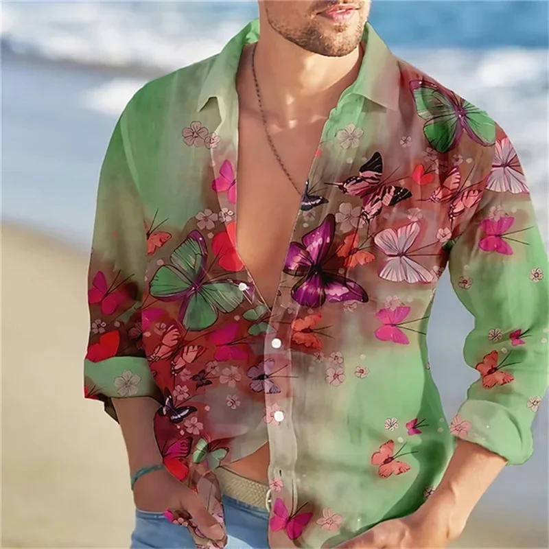 High-end shirts Hawaiian shirts Butterfly printed long-sleeved single-breasted clothing fashion street versatile design 2025
