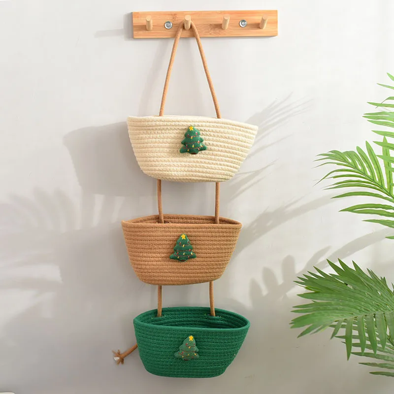Three-Tier Storage Rack Bedroom & Living Room Decor Hanging Cute Handmade Flower Basket Wall-Mounted Storage Basket Christmas