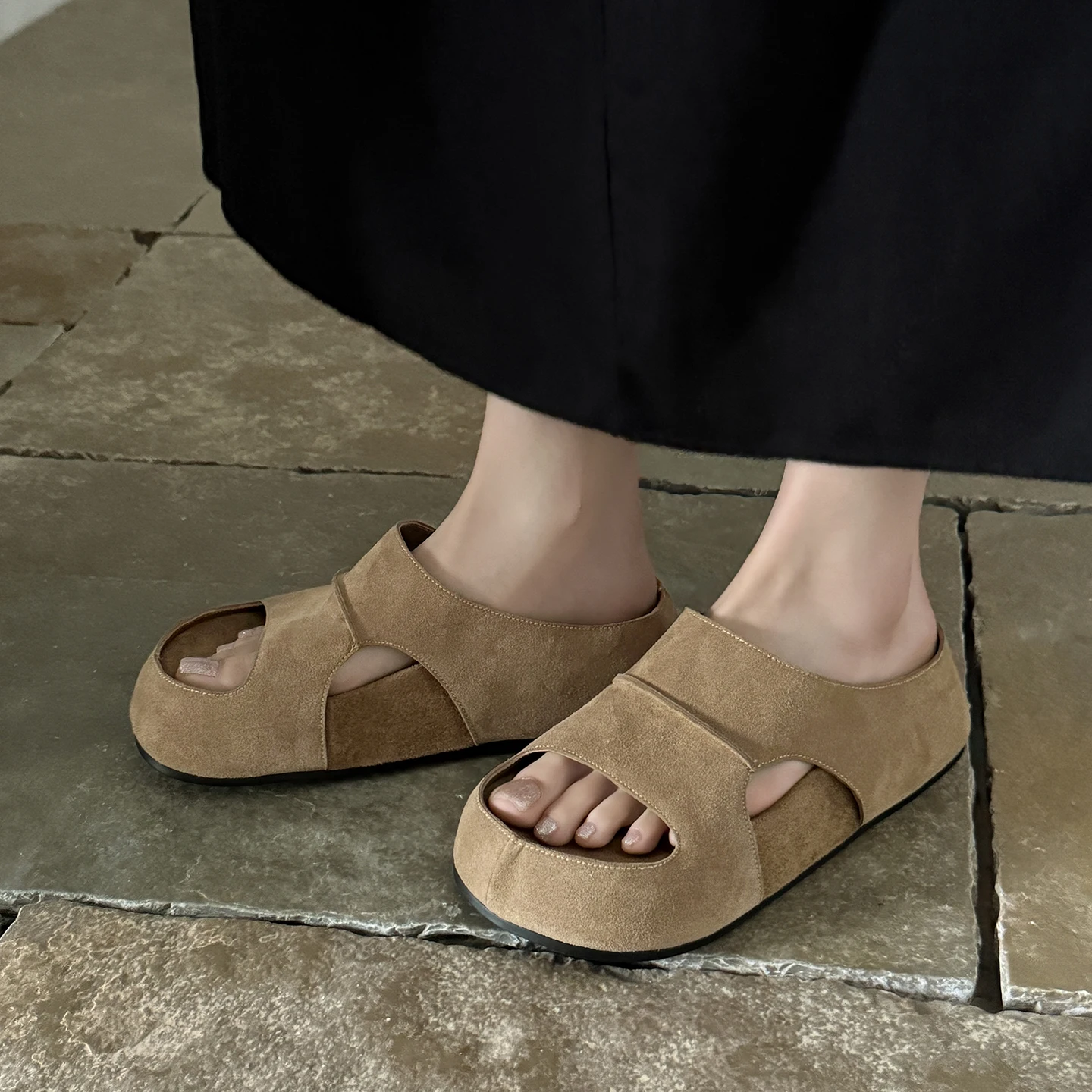 2026 new summer women sandals natural leather 22-24.5cm cow suede+sheepskin hollow-out mules high heel women slippers fashion