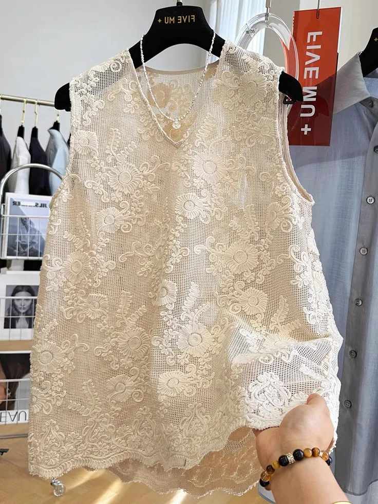 

Heavy Embroidery Hollow out Lace Top Women's Summer New Sle V-Ne Svel Layering Tank Vest Korean Sle Faion