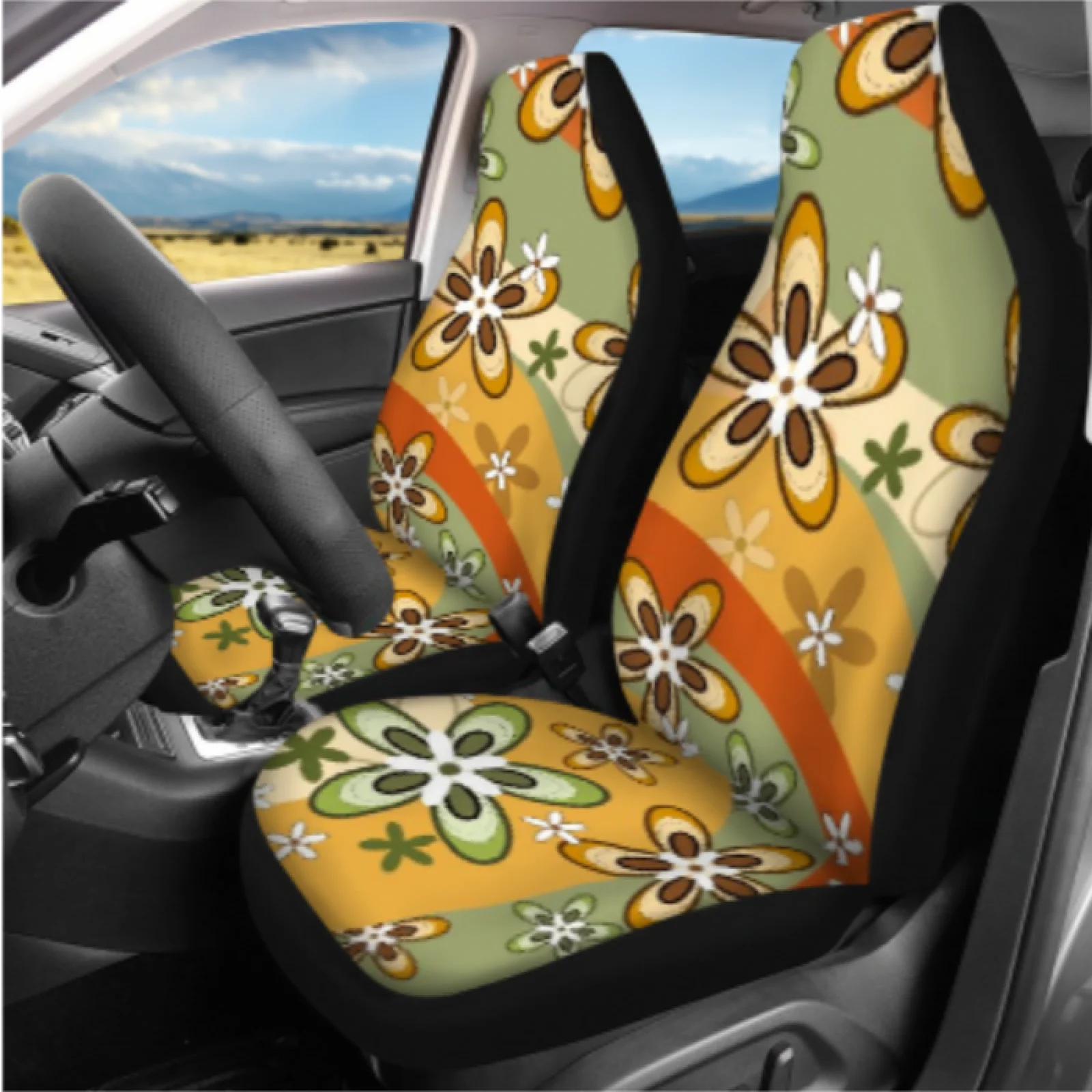 Coloranimal Retro Floral Art 14 Pcs Car Seat Covers Sets with Soft Steering Wheel Cover and Auto Cup Pad for SUV