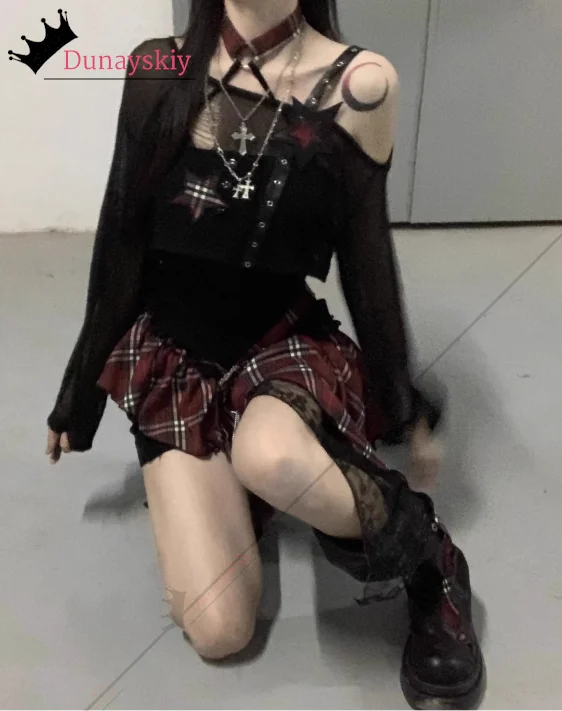 고스 Y2k 코스프레 빈티지 드레스 의상 Camis 여성 드레스 사이버 펑크 그런지 불규칙한 짧은 스커트 정장 롤 플레잉 슈트