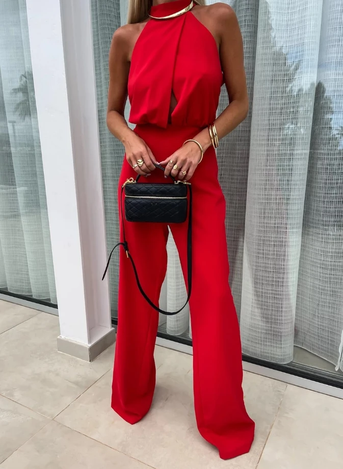 

Sexy Elegant New Fashion 2024 Summer Casual Jumpsuits Half High Neck Hollowed Out Sleeveless Slimming Jumpsuit with Exposed Back