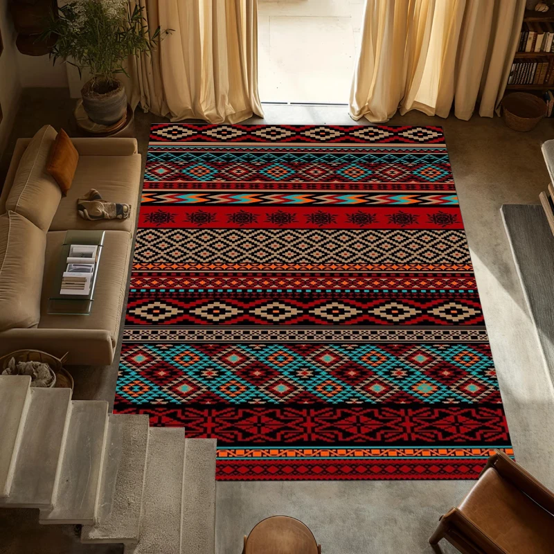 Colorful Aztec Geometric Non-Slip Area Rug, Tribal Pattern Carpet for Boho and Rustic Home Furnishing