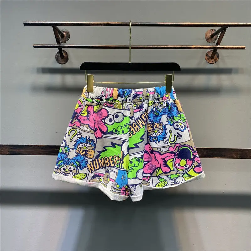 Fashion Printing Shorts Summer New Elastic Waist Lacing Loose All-match Wide Leg Hot Pants Street Casual Trend Women Clothing