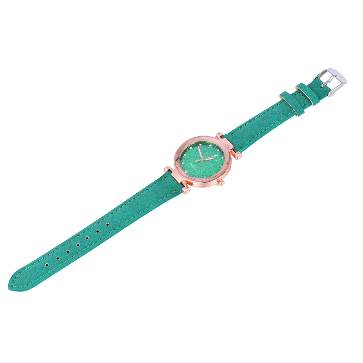 2Pcs Women Watch Quartz Starry Sky Glittering Design Fashion Wrist Decoration Precise Timekeeping Green Pink Women Watch